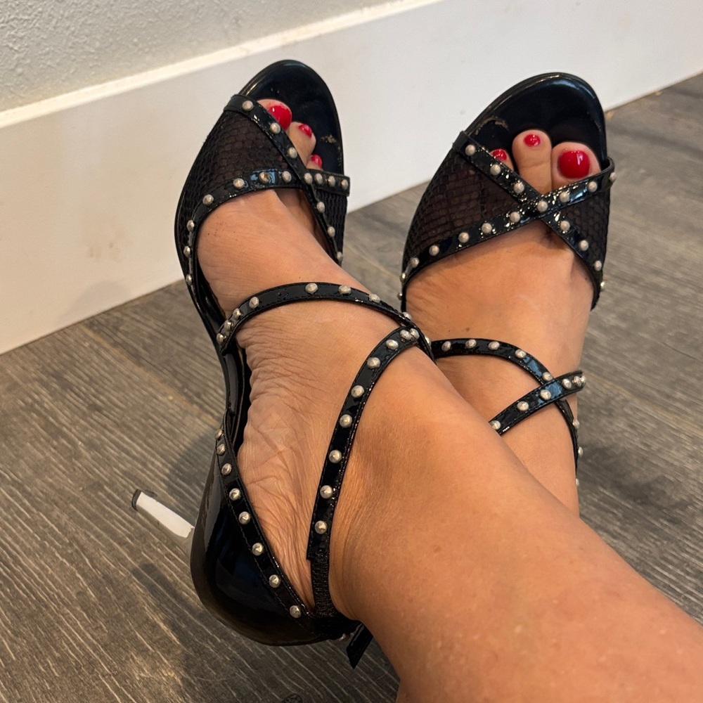 Nine West Black Strappy Heels with Pearl Accents